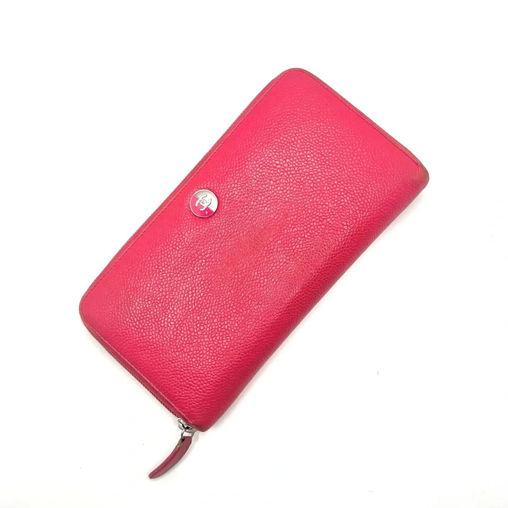 Authentic CHANEL CC Pink Pebbled Leather Zip Around Long Wallet W/ Chanel Card